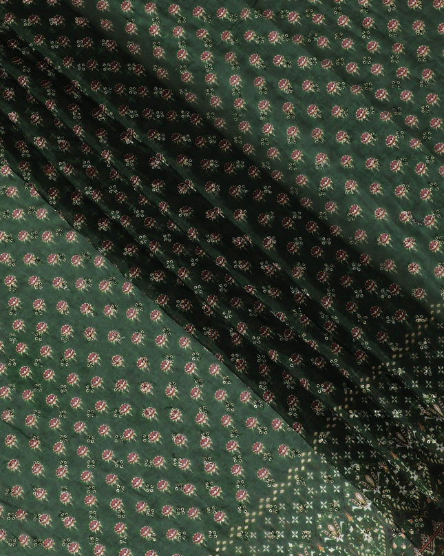 قماش شيفون صناعي أخضر اللون مع تطريز بالترتر بنفس اللون بتصميم الأزهار-D15436