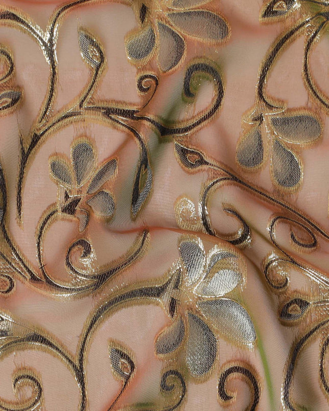 قماش من الشيفون الحريري النقي المتغير باللون البني الفاخر مع الفيسكوز الأسود والأخضر الغامق مع اللوريكس المعدني الذهبي بتصميم الأزهار - D14644