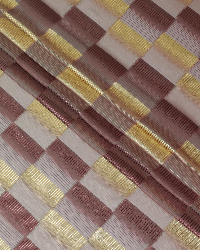 Light pink premium pure silk chiffon fabric with gold and copper metallic lurex in checks design-D11492