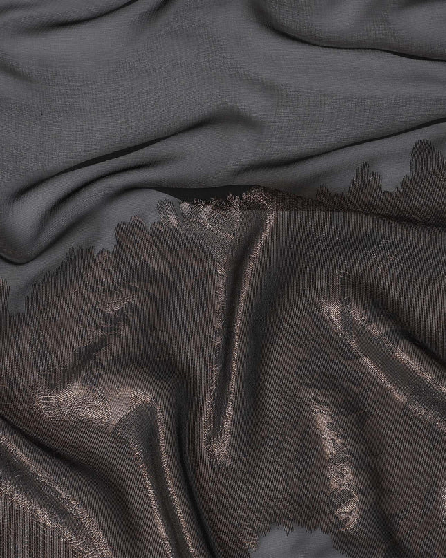 Black Premium pure French (Fransawi) silk chiffon fabric with copper brown metallic lurex in fancy design-D15642