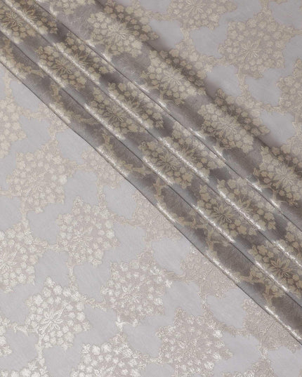 Flint grey premium pure silk chiffon fabric with gold metallic lurex in fancy design-D10151