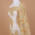 Gold nylon tulle fabric with same tone and Dijon yellow embroidery having pearls and 3d flowers in floral design-D9202