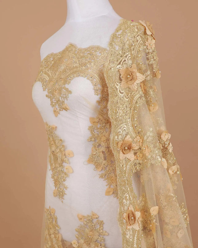 Gold nylon tulle fabric with same tone and Dijon yellow embroidery having pearls and 3d flowers in floral design-D9202 Regal Fabrics