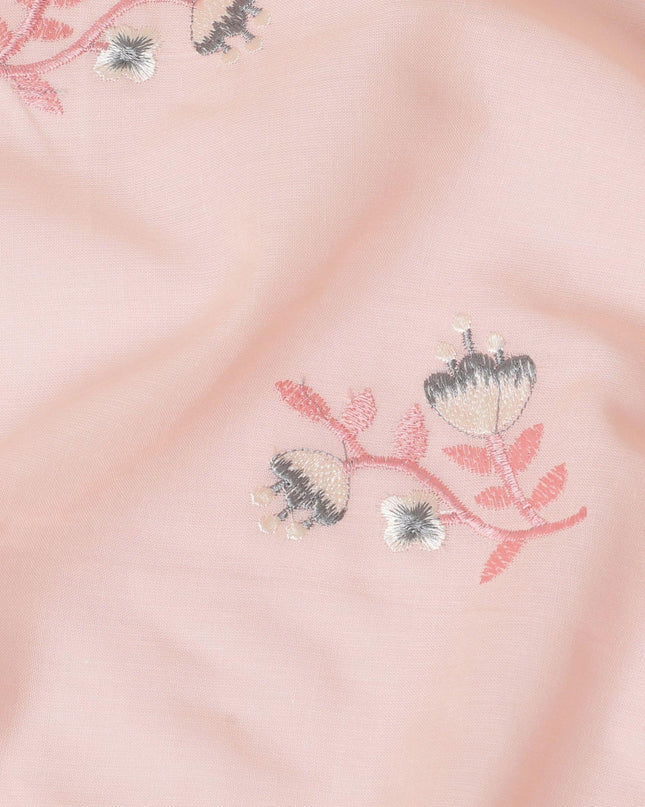 قماش فوال قطني من سمك السلمون والخوخ مع تطريز باللون الوردي والرمادي والبيج بتصميم الأزهار-D12381