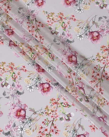 Light thistle purple viscose fabric with multicolor print in floral design-D12260