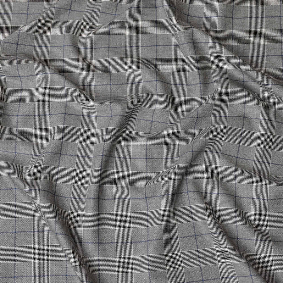 Cloud grey Premium pure English super 150's all wool suiting fabric with beige and blue checks design-D14819
