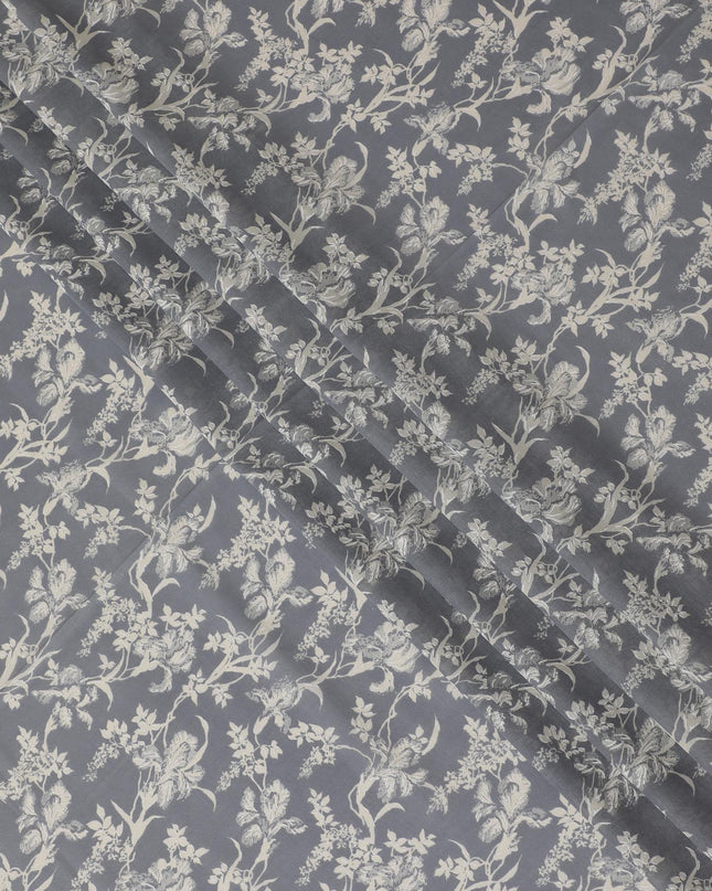 Iron grey cotton voile fabric with beige and off white print in floral design-D14838