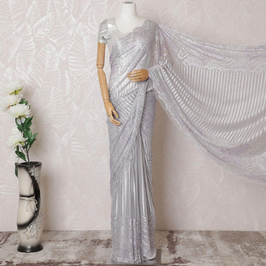 Lavender, silver Premium pure metallic French chantilly lace saree having stone work in floral design-D14891