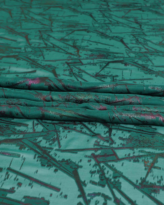 قماش من الشيفون الحريري الخالص الفاخر باللون الأخضر الزجاجي مع لوريكس معدني متعدد الألوان بتصميم تجريدي -D9657