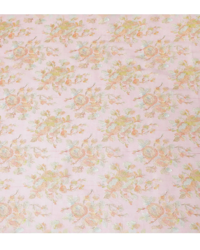 Rose pink silk organza fabric with multicolor embroidery in floral design-D13152 Regal Fabrics