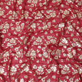 Barn red synthetic georgette fabric with same tone embroidery, gold sequins having gold foil print in floral design-D12230