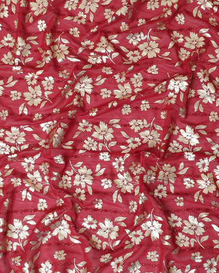 Barn red synthetic georgette fabric with same tone embroidery, gold sequins having gold foil print in floral design-D12230
