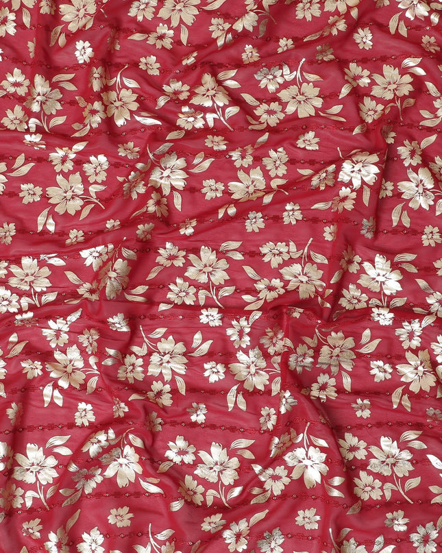 Barn red synthetic georgette fabric with same tone embroidery, gold sequins having gold foil print in floral design-D12230