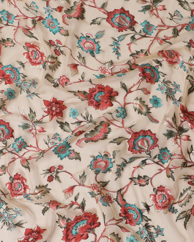 Pale brown synthetic chiffon fabric with multicolor print having jacquard in floral design-D13767 Regal Fabrics