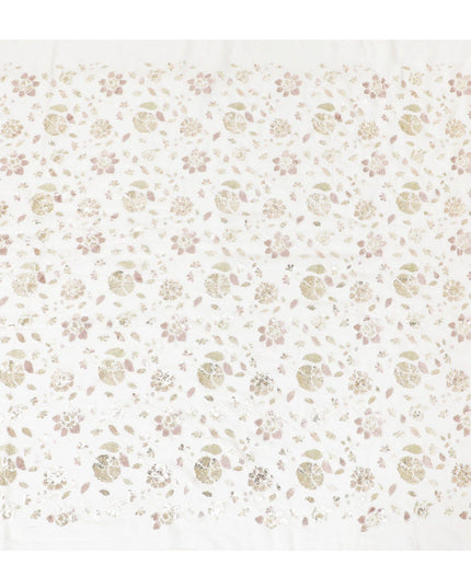 قماش شيفون من الحرير الخالص باللون الأبيض الفاتح بنفس اللون، وتطريز بالترتر بتصميم الأزهار-D13676