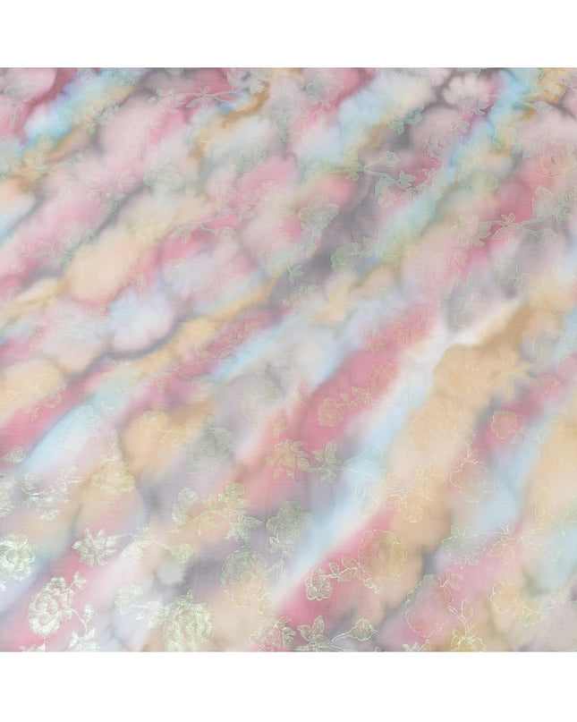 قماش شيفون حريري نقي فاخر متعدد الألوان مع لوريكس معدني أخضر نيون بتصميم زهور-D9677