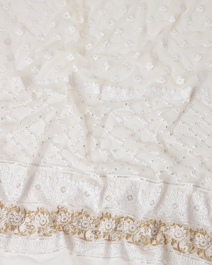 Beige nylon tulle fabric with white and gold embroidery having gold sequins in fancy design-D6907