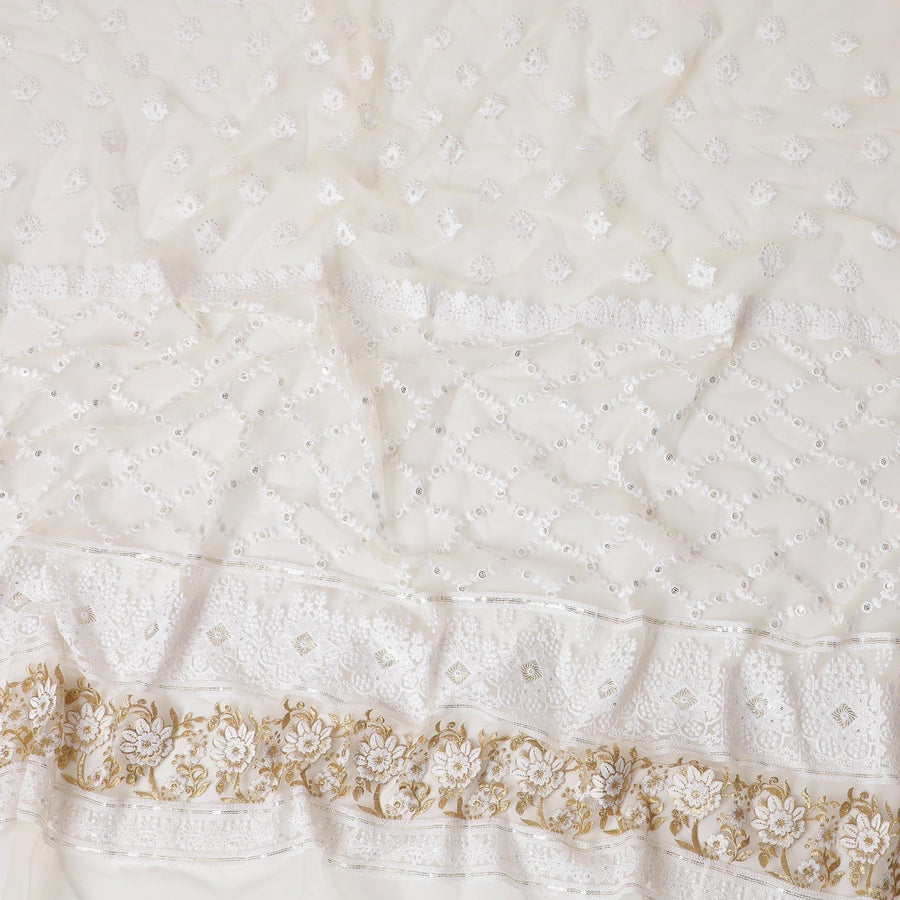 Beige nylon tulle fabric with white and gold embroidery having gold sequins in fancy design-D6907