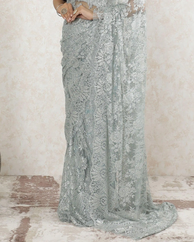 Powder blue Premium pure metallic French chantilly saree lace having stone work in floral design-D13505 Regal Fabrics