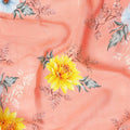 Salmon orange premium pure silk crepe fabric with sun flower yellow, baby blue and beige print in floral design-D9393 Regal Fabrics