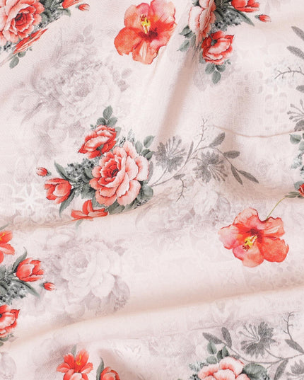Light pink premium pure silk crepe fabric with orange, grey and sage green print in floral design-D9403