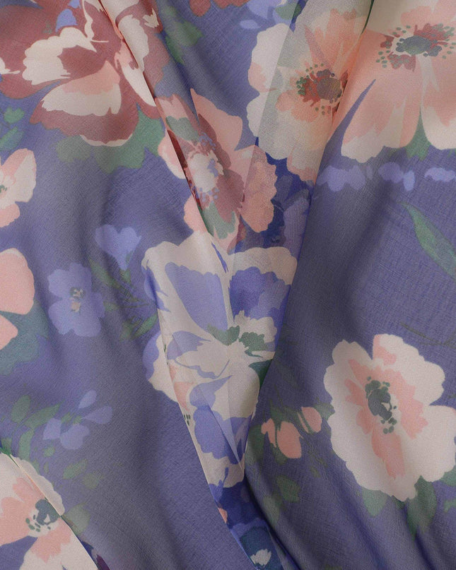 قماش شيفون من الحرير الخالص باللون الأزرق الملكي مع طباعة متعددة الألوان بتصميم الأزهار-D13229