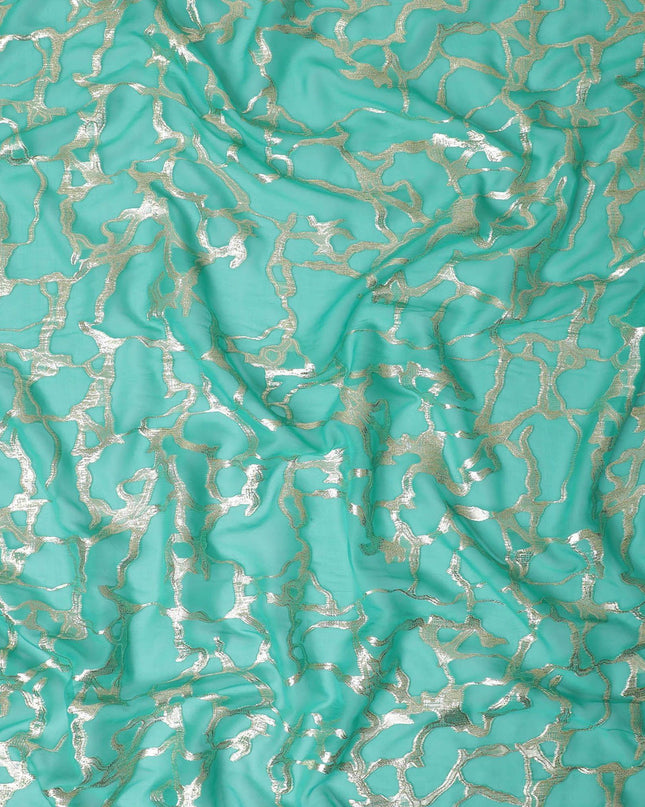 قماش شيفون حريري نقي فاخر باللون الأخضر الفيروزي مع لوريكس معدني ذهبي بتصميم تجريدي-D13191