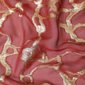 Rusty red Premium pure silk chiffon fabric with gold metallic lurex in abstract design-D13194