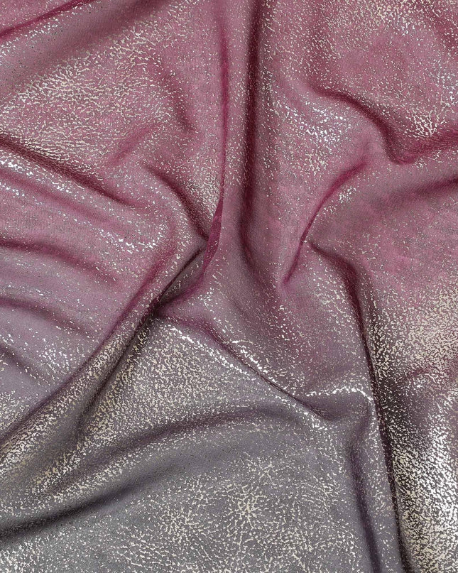 Baby pink to black synthetic chiffon fabric having gold metallic foil in ombre design-D10658