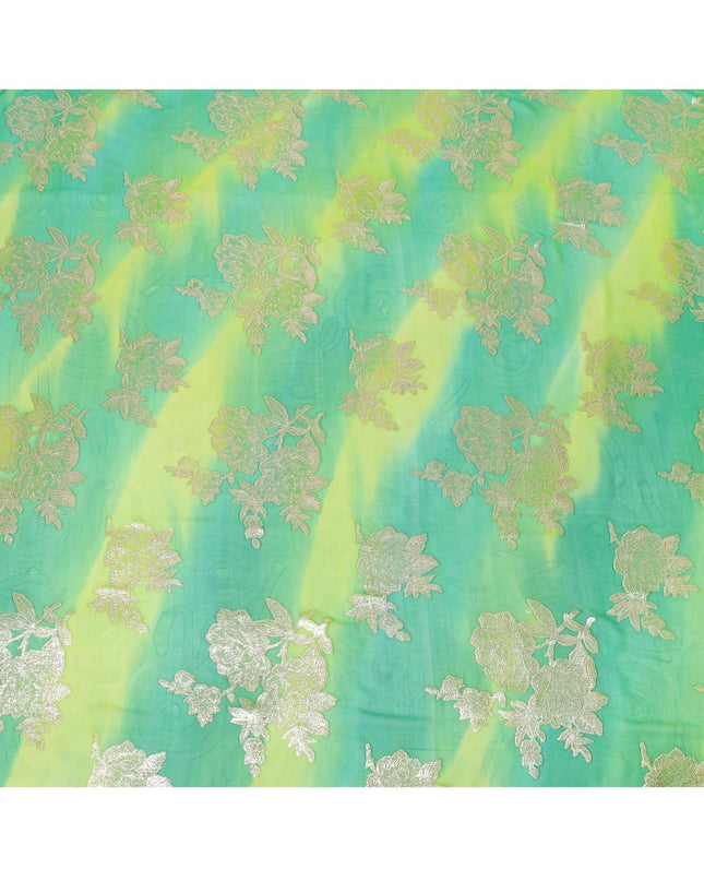 Lime green premium pure silk chiffon fabric with multicolor hand printed having gold metallic lurex in fancy design-D10413