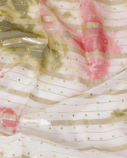 Multicolor synthetic chiffon fabric with gold stripe having same tone metallic dot foil in stripe design-D13657 Regal Fabrics
