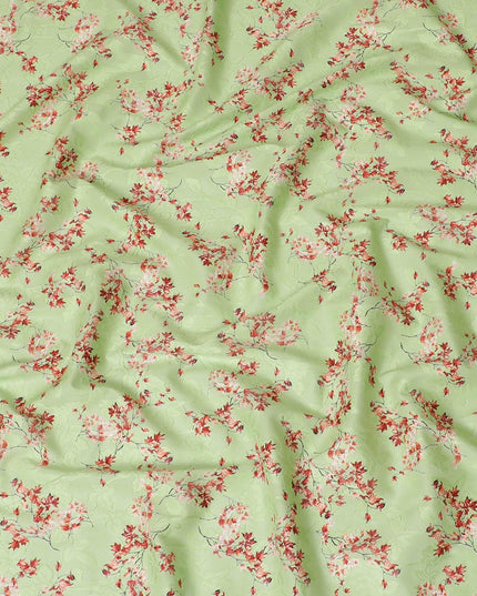 Lime green uragiri cotton voile fabric with same tone jacquard having barn red and black print in floral design-D14325 Regal Fabrics