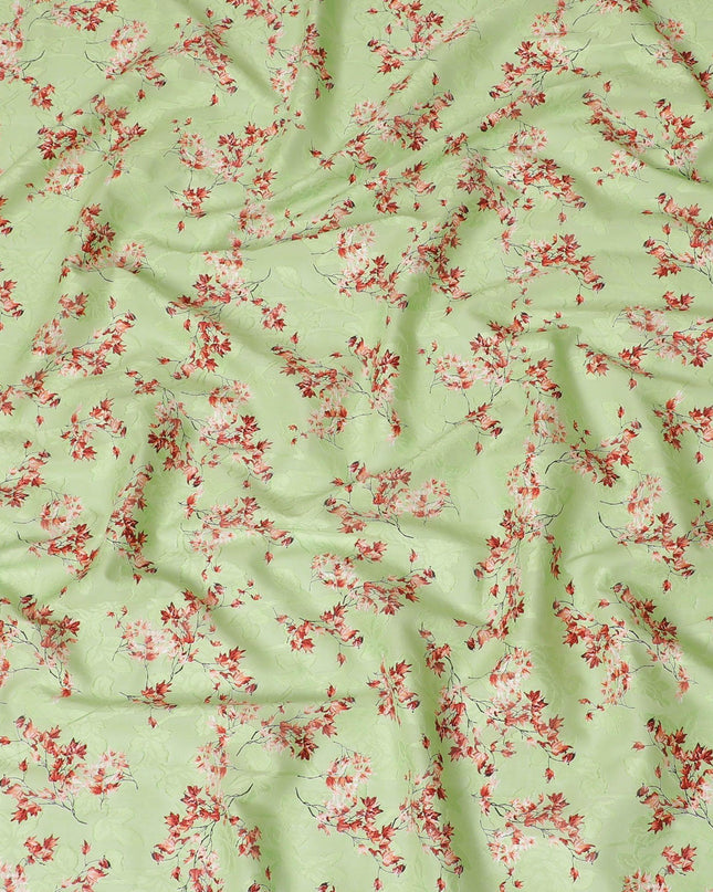 Lime green uragiri cotton voile fabric with same tone jacquard having barn red and black print in floral design-D14325