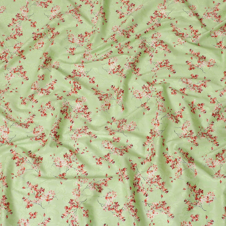 Lime green uragiri cotton voile fabric with same tone jacquard having barn red and black print in floral design-D14325 Regal Fabrics