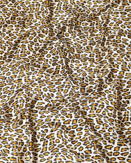 Beige premium 100% pure silk satin fabric with mustard, olive green and black print in animal skin design-D9287