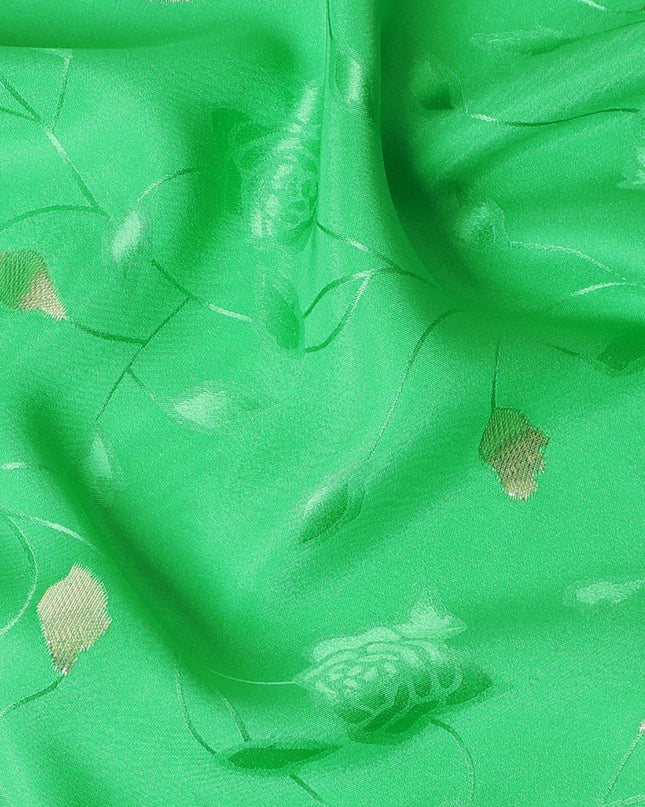 Kelly green Premium pure silk crepe fabric with same tone jacquard and gold metallic lurex in dot design-D14633