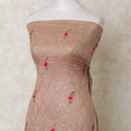 Pale brown blended cotton lawn fabric with brick red, pastel green and gold sequin embroidery in floral design-D12107