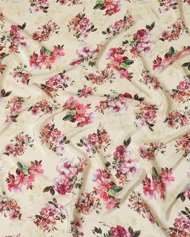 Beige synthetic crepe fabric with multicolor print in floral design-D14458