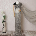 Gold, blue Premium pure French two tone chantilly lace saree having stone work in floral design-D14598 Regal Fabrics