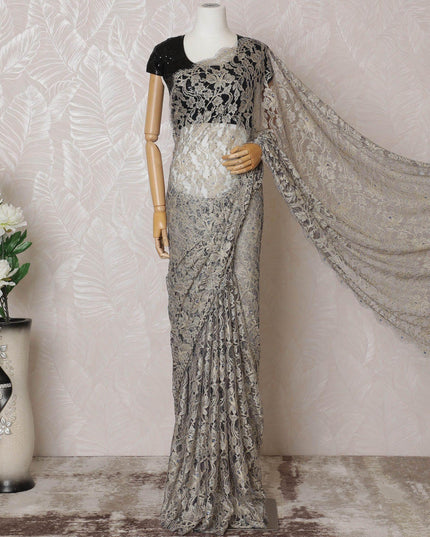 Gold, blue Premium pure French two tone chantilly lace saree having stone work in floral design-D14598 Regal Fabrics