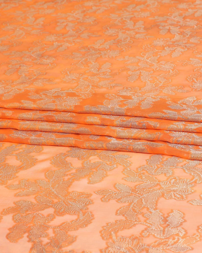 Royal Orange Premium (Fransawi) French pure silk chiffon fabric with gold metallic lurex in floral design-D9423