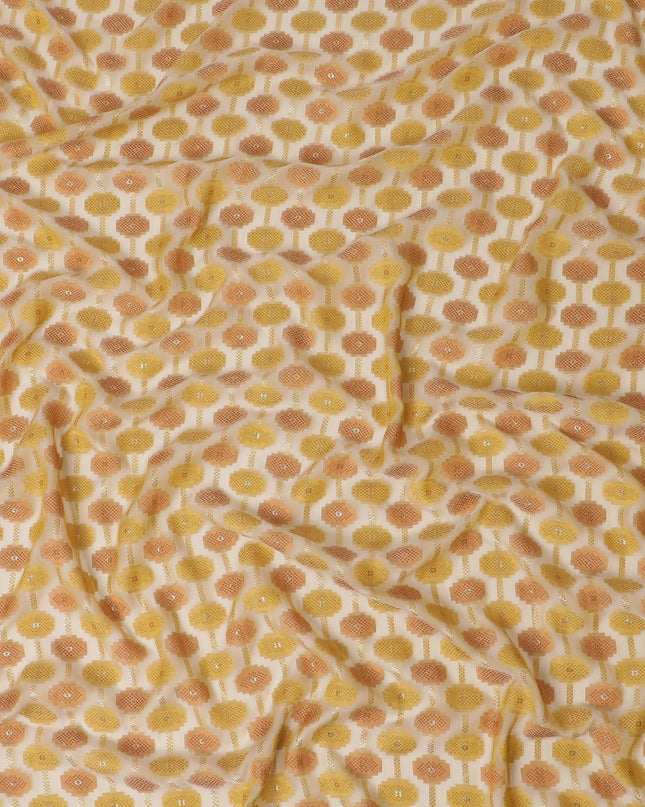 قماش شيفون حريري فرنسي (فرنساوي) ذهبي فاخر بنفس اللون، فيسكوز بني مع لوركس معدني ذهبي بتصميم تجريدي -D12706