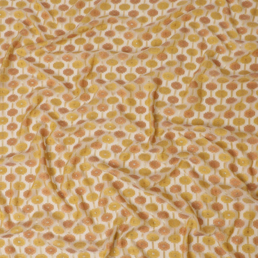 قماش شيفون حريري فرنسي (فرنساوي) ذهبي فاخر بنفس اللون، فيسكوز بني مع لوركس معدني ذهبي بتصميم تجريدي -D12706