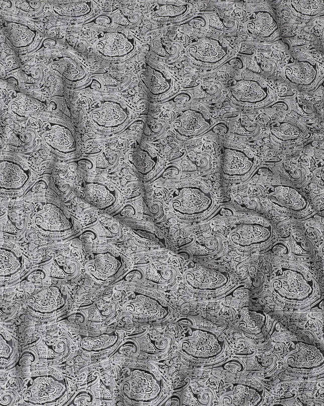 White Uragiri cotton fabric with black colour prints in paisley design-11228