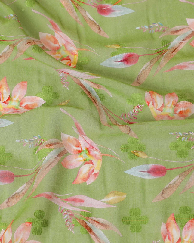 Pastel green cotton voile fabric with same tone clipcord having multicolor print in floral design-D9060 Regal Fabrics