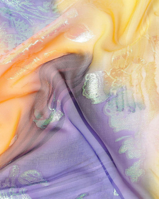 قماش شيفون حريري نقي فاخر متعدد الألوان مع لوريكس معدني أخضر نيون بتصميم زهور -D9318