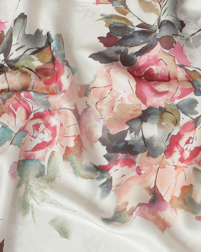Ivory synthetic satin fabric with multicolor print in floral design-D10276