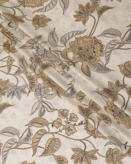 قماش فيسكوز إيطالي فاخر باللون البيج اللاتيه بنفس اللون، طباعة باللون الأسود والبني الشاحب بتصميم الأزهار-D12528