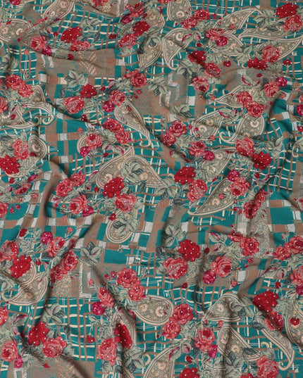Teal green synthetic crepe fabric with multicolor print having stone work in floral design-D15293 - Regal Fabrics