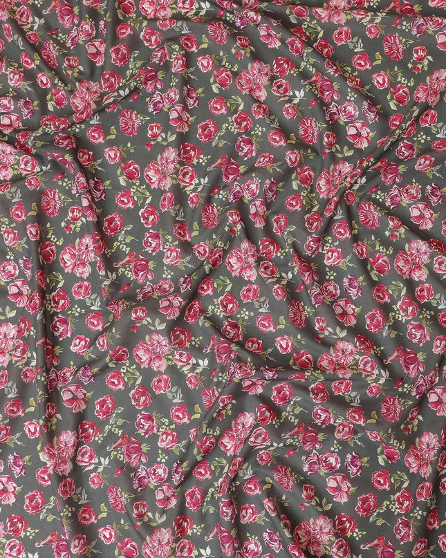 Olive green Premium Spanish 100% cotton lawn fabric with brick pink, sage green and off white print in floral design-D9240 Regal Fabrics